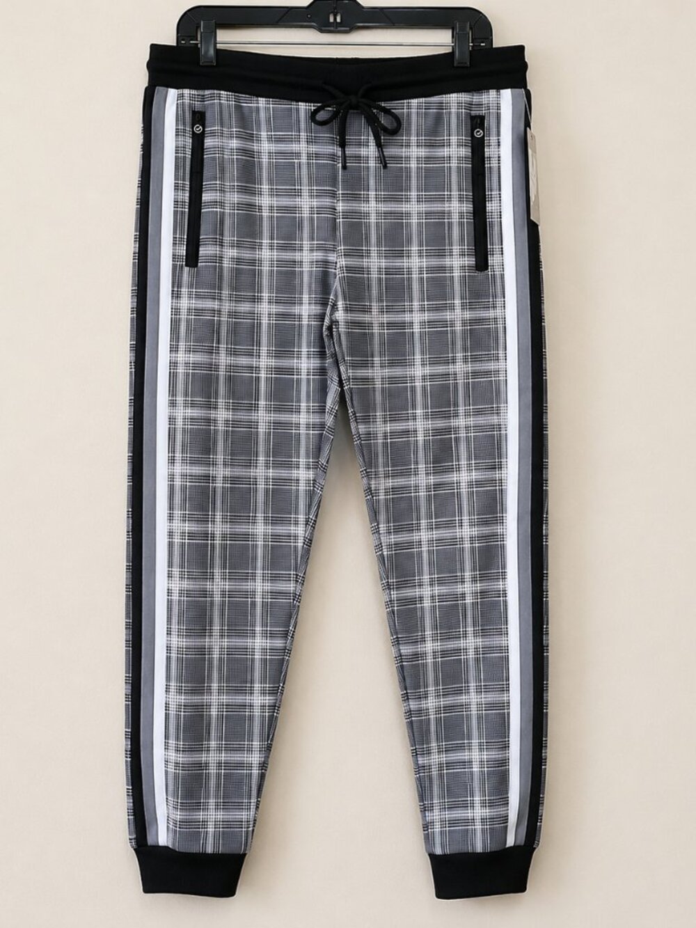 G-Net Men's Black Plaid Printed Fleece Streetwear Jogger Pants SZ M